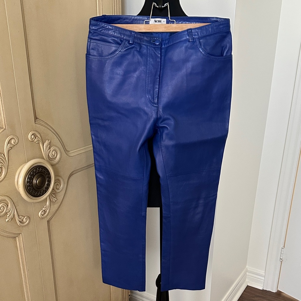 Acne Studios Cropped Blue Leather Trousers
